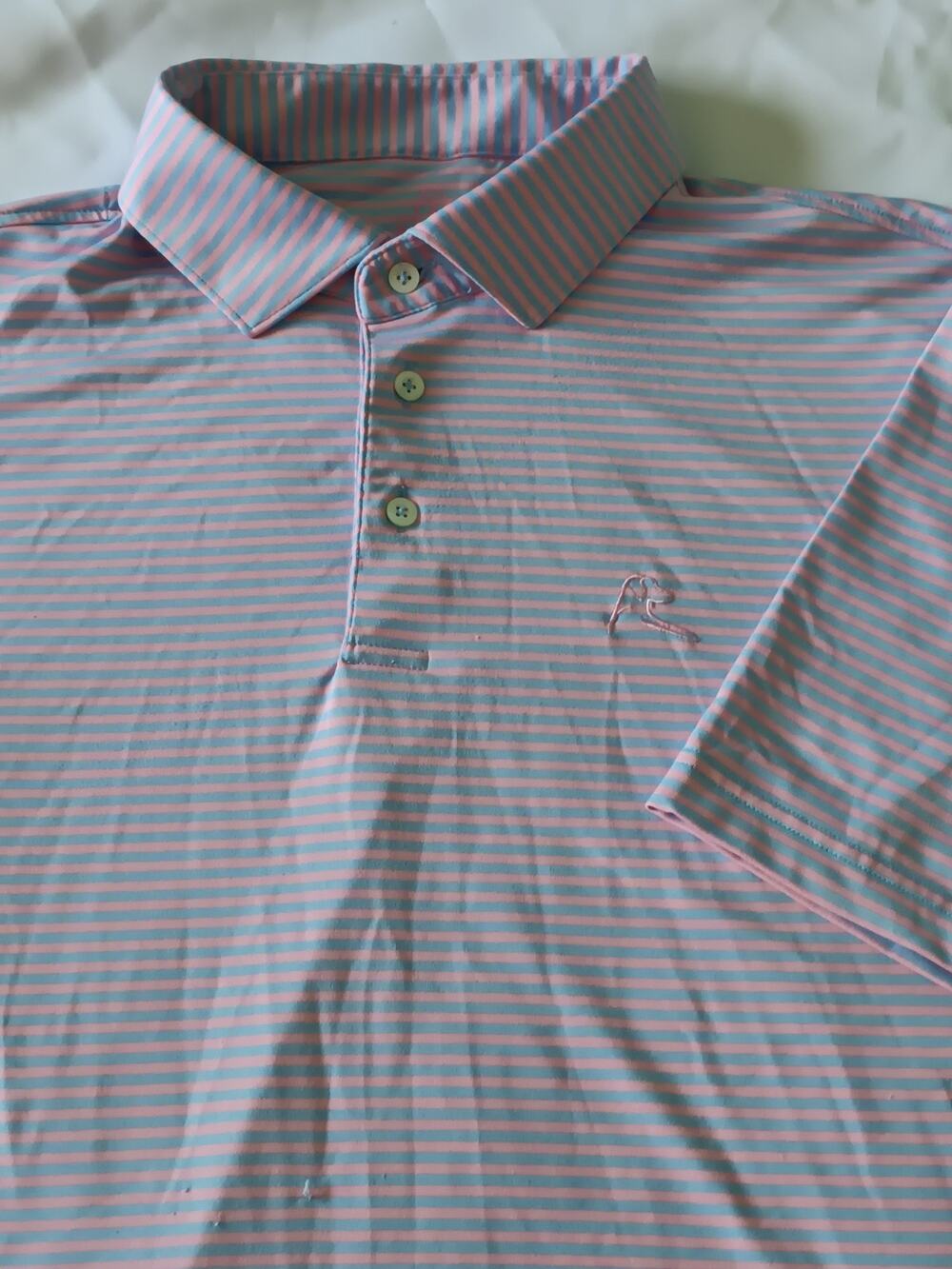 Rhoback Birdie Stripe Polo Shirt Men XL Blue Pink Performance Short Sleeve Flaws